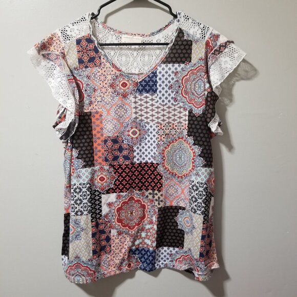 Bobbie Brooks Blouse Women's XL Patchwork Lace V Neck Boho Pheasant - Picture 1 of 6